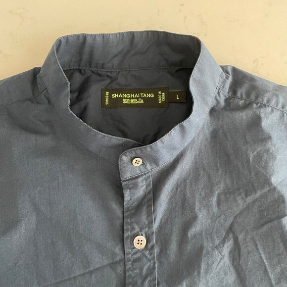 Shanghai Tang Designer SS Button Down Mandarin Collar Cotton Shirt Navy Blue L - Picture 2 of 12